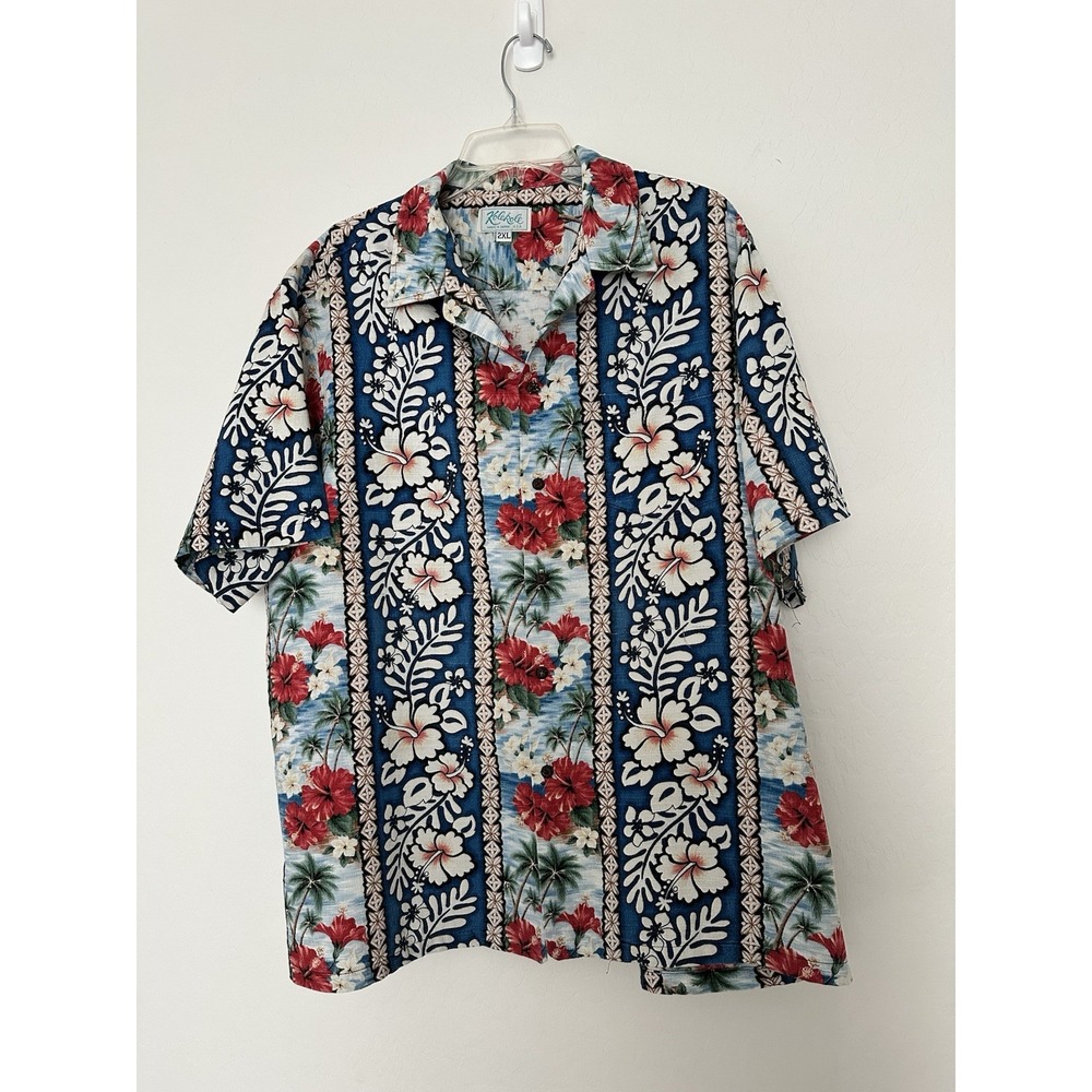 Vintage RJC Hawaiian Camp Shirt Men's 2XL Blue Floral Hibiscus Made in Hawaii